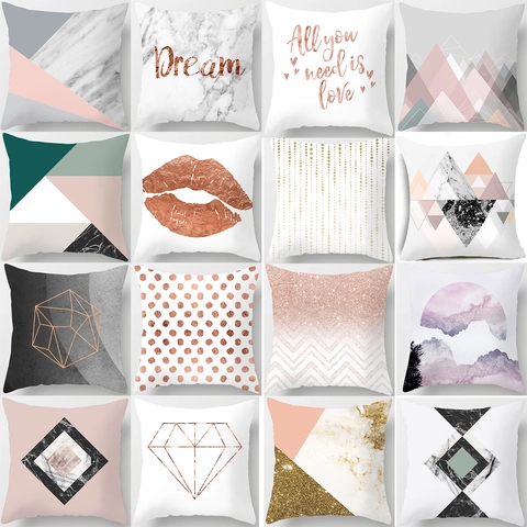 Nordic Marble Geometric Cushion Cover Pink Grey Peach Skin Polyester Modern Abstract Pattern Pillow Case For Sofa Home Decor
