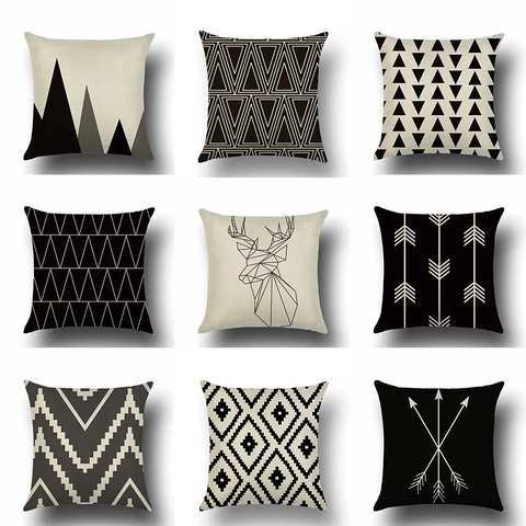Nordic Geometric Pattern Linen Pillowcase Black White Abstract Triangle Deer Head Decorative Square Throw Pillow Cover