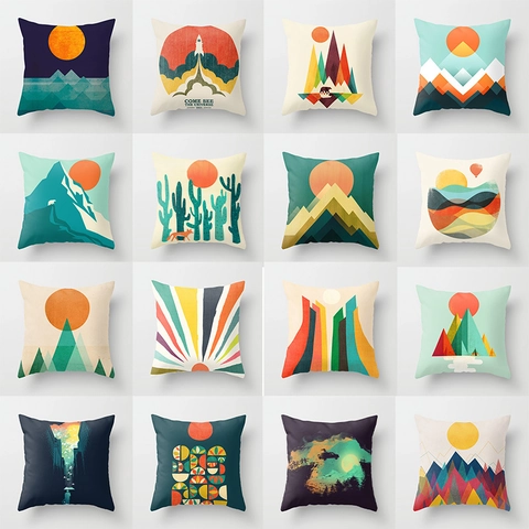 Modern Minimalist Abstract Geometric Art Pillow Case Sun Mountain Landscape Polyester Square Cushion Cover Home Decor