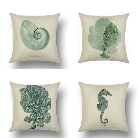 Nautical Ocean Style Marine Life Seahorse Starfish Coral Print Linen Throw Pillowcase Decorative Cushion Cover For Sofa Couch Home Decor