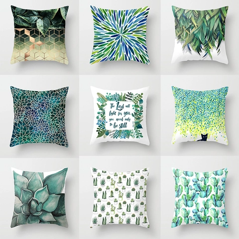 Funda de Cojín con Patrón Geométrico de Planta Verde Tropical Poliéster Piel de Melocotón Decorativa Funda de Almohada para Sala de Estar Hogar