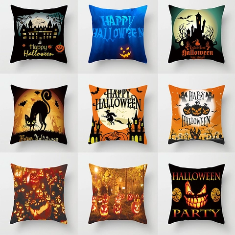 Funda de Cojín de Piel de Melocotón Estampada con Castillo de Calabaza de Halloween Funda de Almohada Decorativa Cuadrada para Sofá Hogar