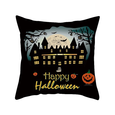 Funda de Cojín de Piel de Melocotón Estampada con Castillo de Calabaza de Halloween Funda de Almohada Decorativa Cuadrada para Sofá Hogar
