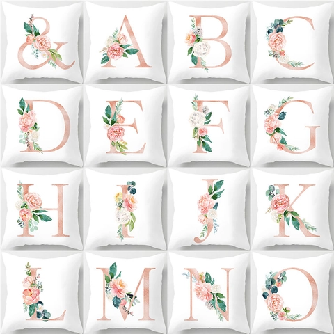 Pfirsichhaut Blumen Buchstabe Kissenbezug Roségold Alphabet Initial Dekorativer Kissenhülle Für Sofa Bett Zuhause Dekor