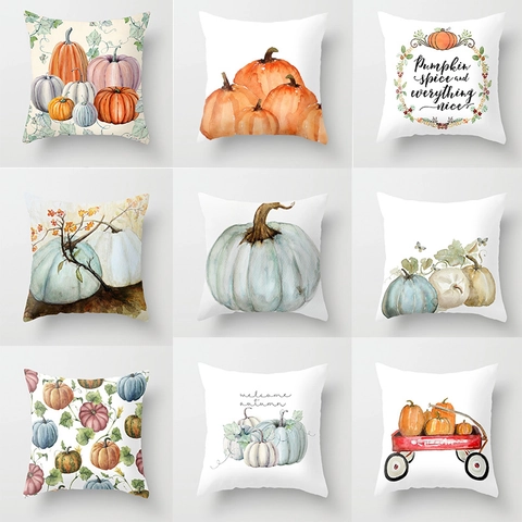 Federa Decorativa con Zucca Autunnale in Tessuto Pelle di Pesca Halloween Raccolto Acquarello Copricuscino per Divano Casa