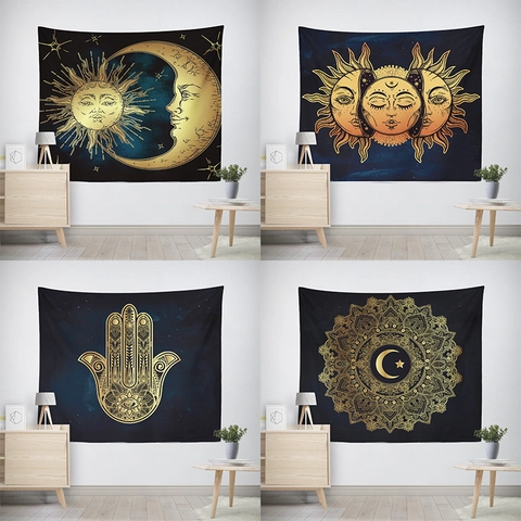 Arazzo Bohemien Sole Luna Poliestere Appeso a Parete Astrologia Mistica Mandala Arazzo per Camera da Letto Soggiorno Decorazione Casa