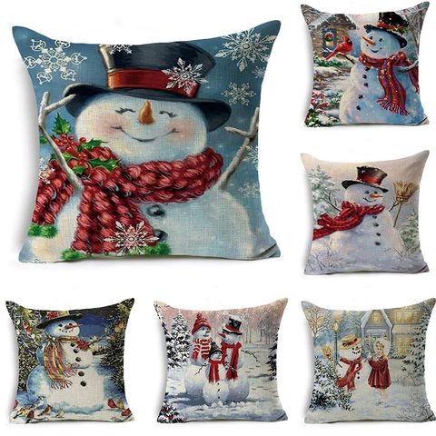Christmas Snowman Linen Cushion Cover Vintage Red Truck Santa Claus Digital Printed Pillowcase For Home Office Holiday Decor