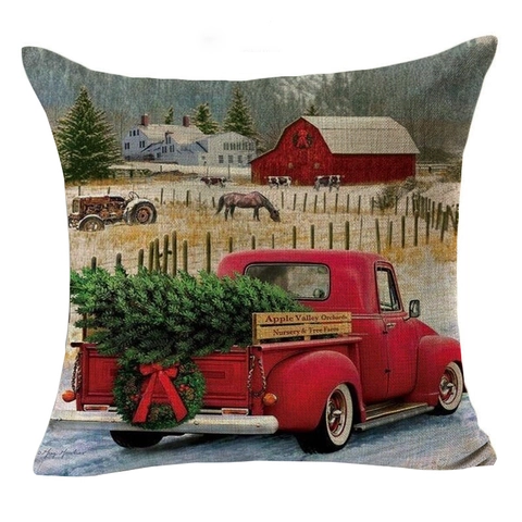 Christmas Snowman Linen Cushion Cover Vintage Red Truck Santa Claus Digital Printed Pillowcase For Home Office Holiday Decor