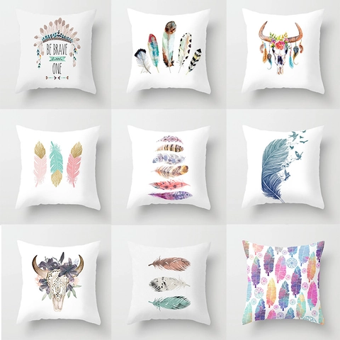 Polyester Bohemian Feather Print Square Pillowcase Soft Digital Printing Cushion Cover For Sofa Living Room Home Decor