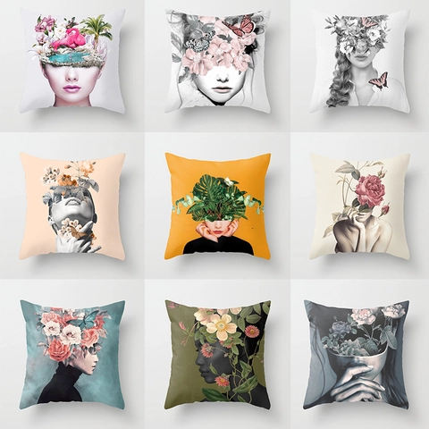 Federa Decorativa in Pelle di Pesca con Ritratto di Donna Surrealista Fodera per Cuscino Quadrata Artistica per Divano