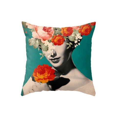 Federa Decorativa in Pelle di Pesca con Ritratto di Donna Surrealista Fodera per Cuscino Quadrata Artistica per Divano