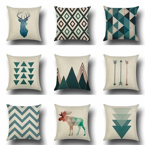 Nordic Geometric Linen Pillowcase Teal Deer Head Mountain Pattern Decorative Cushion Cover For Sofa Living Room Square Style