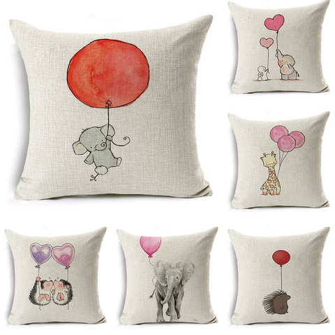 Housse de Coussin en Lin Animaux de Dessin Animé et Ballons Taie d'Oreiller Carrée Décorative pour Canapé et Maison