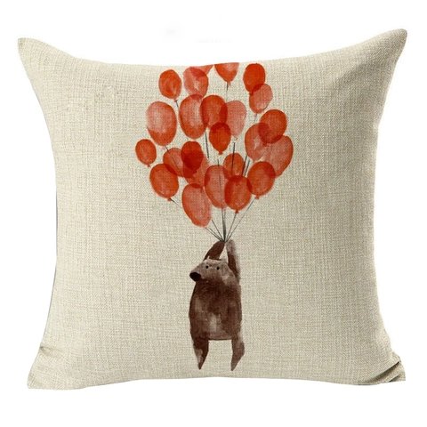 Housse de Coussin en Lin Animaux de Dessin Animé et Ballons Taie d'Oreiller Carrée Décorative pour Canapé et Maison