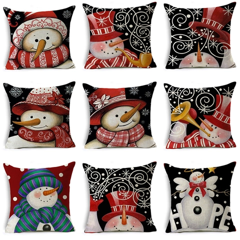 Fröhliche Weihnachten Schneemann Leinen Kissenbezug Festive Cartoon Schneeflocken Druck Quadratischer Kissenbezug Dekor