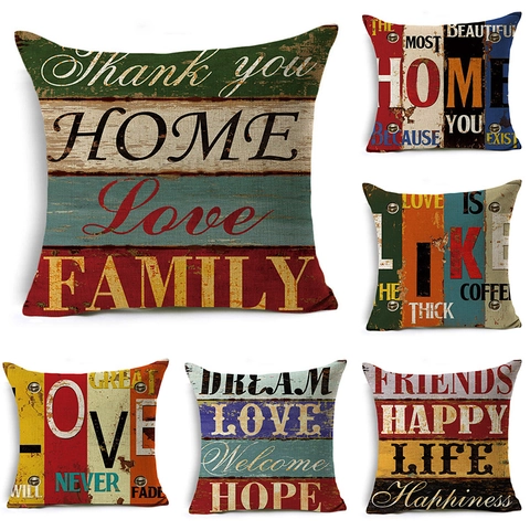 Vintage American Industrial Linen Pillowcase Coffee Motto Letter Digital Printed Decorative Cushion Cover For Sofa Cafe Decor