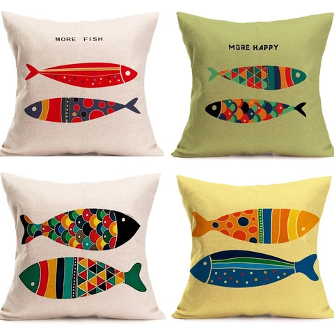 Fodera per Cuscino in Lino con Pesci Astratti Stile Nordico Decorazione Casa Federa Quadrata per Divano