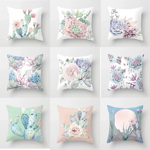 Aquarell Sukkulenten Kaktus Dekorativer Kissenbezug Polyester Quadratisch Kissenhülle Blumen Kunstdruck Bezug Für Zuhause Sofa Büro Dekoration