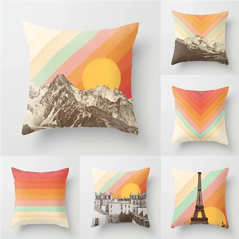 Fodera per Cuscino a Strisce Arcobaleno Moderna Minimalista Paesaggio in Poliestere Retro Quadrato Decorazione per Divano Casa