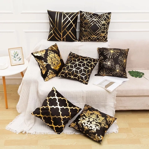 Luxe Zwart Goud Bronzing Kussensloop Modern Geometrisch Damast Patroon Zacht Kort Pluche Kussenhoes Voor Sofa Woonkamer Decor