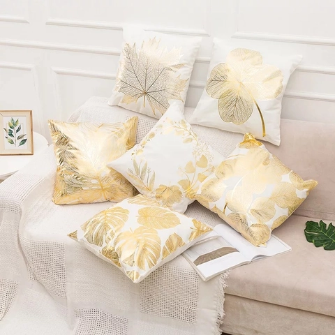 Goudfolie Geometrisch Blad Kussenhoes Modern Minimalistisch Wit Kort Pluche Decoratieve Kussensloop Voor Sofa Huis Kantoor