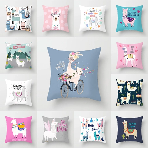 Cartoon Llama Pattern Square Throw Pillowcase Polyester Decorative Cushion Cover For Sofa Living Room Home Decor