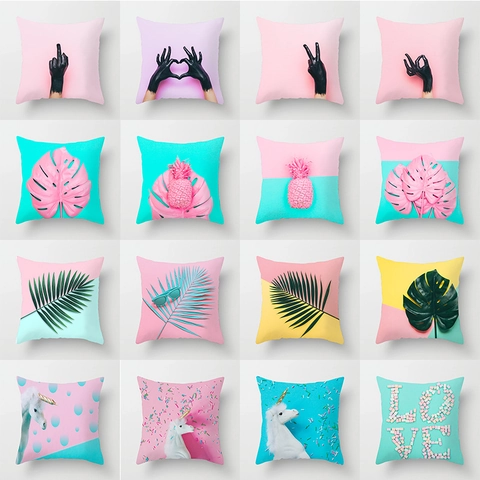 Modern Noors Tropisch Blad Polyester Kussenhoes Vierkant Roze Ananas Artistieke Print Decoratieve Sierkussenhoes Voor Bank