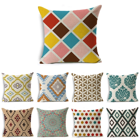 Housse de Coussin en Lin Minimaliste Moderne Motif Mandala Géométrique Bohème Taie d'Oreiller Imprimée de Style Ethnique pour Décoration Salon Bureau