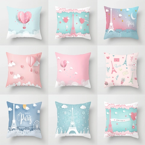 Valentine's Day Paris Eiffel Tower Heart Hot Air Balloon Print Polyester Pillow Case Romantic Decorative Cushion Cover For Sofa