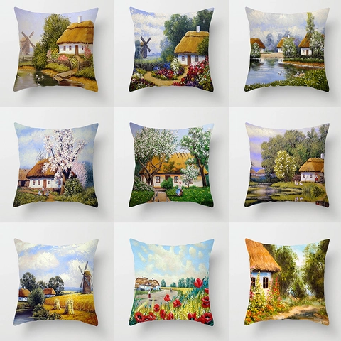 Amerikanisches Land Ländliche Landschaft Ölmalerei Kissenbezug Polyester Dekokissenbezug Für Sofa Auto Büro Zuhause Deko