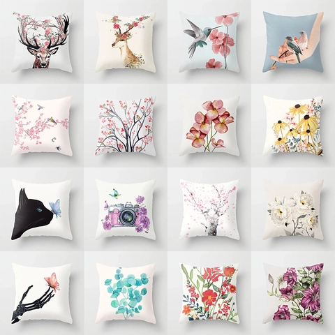 Aquarel Kunst Decoratieve Kussenhoes Hert Bloemenpatroon Perzikhuid Polyester Bank Kussensloop Voor Woondecoratie