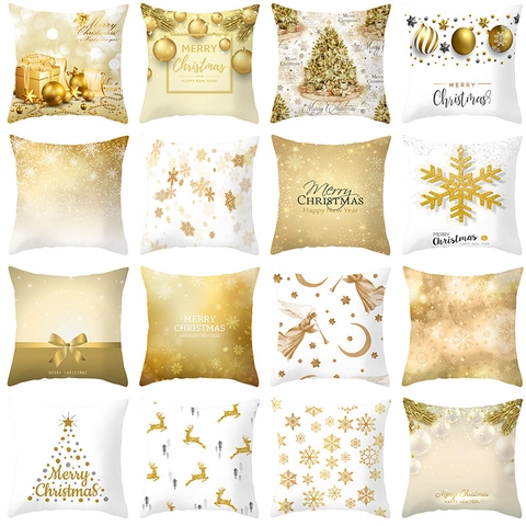 Kerst Goud Wit Sneeuwvlok Rendier Engel Print Kussensloop Perzikhuid Polyester Vierkante Kussenhoes Voor Huis Sofa Decor