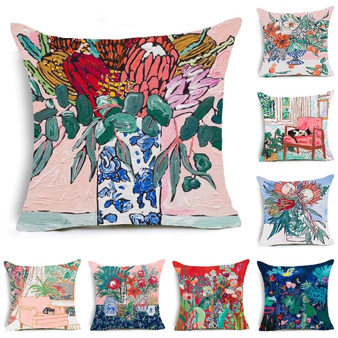 Modern Abstrakt Ölgemälde Leinen Kissenbezug Dekorativer Quadratischer Kissenhülle Für Sofa Zuhause Dekor Blumen Katze Muster