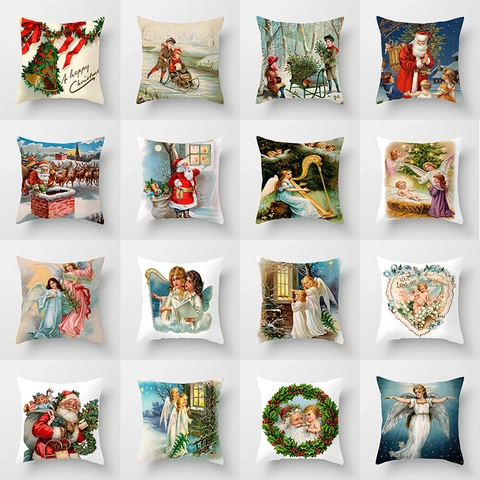 Vintage Christmas Angel Santa Claus Decorative Pillow Cover Peach Skin Square Cushion Case For Home Sofa Holiday Decor