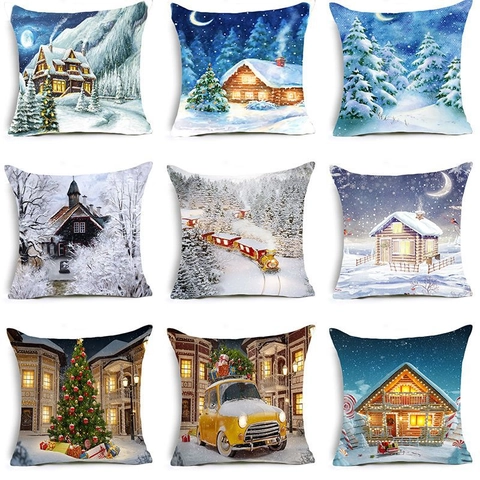Funda de Cojín Cabaña Escena de Nieve Navidad Poliéster Piel de Melocotón Funda de Almohada Para Decoración Hogar Sofá