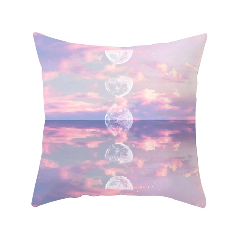 Dromerige Roze Hemel Wolk Maanfasen Patroon Polyester Kussenhoes Modern Decoratieve Vierkante Kussensloop Voor Sofa Kantoor Thuis