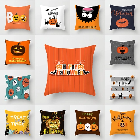 Halloween Christmas Peach Skin Polyester Throw Pillow Cover Decorative Cushion Case For Sofa Home Decor Pumpkin Ghost Pattern