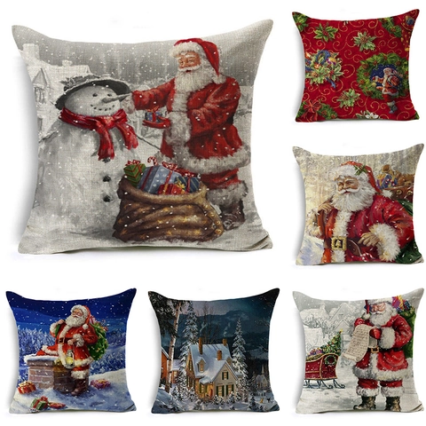 Leinen Weihnachten Kopfkissenbezug Weihnachtsmann Schneemann Druck Deko Kissenhülle Für Xmas Feiertag Zuhause Sofa Quadratische Kissenbezug
