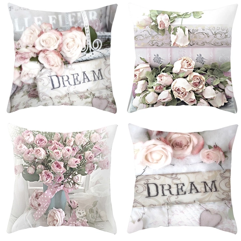 American Vintage Rose Pattern Pillowcase Shabby Chic Floral Polyester Square Cushion Cover For Sofa Home Decor Women