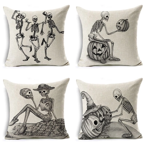 Taie d'Oreiller en Lin Crâne d'Halloween Housse de Coussin Gothique Croquis Squelette Citrouille Décorative pour Fête à la Maison Sans Insert