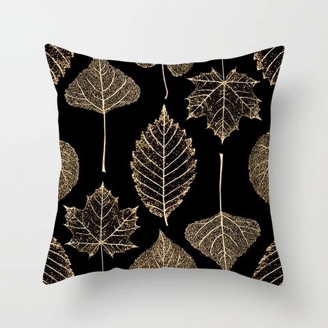 Funda de Almohada Moderna Negro Oro Patrón Geométrico Hoja Poliéster Piel de Melocotón Decorativa Para Sofá Hogar Decoración