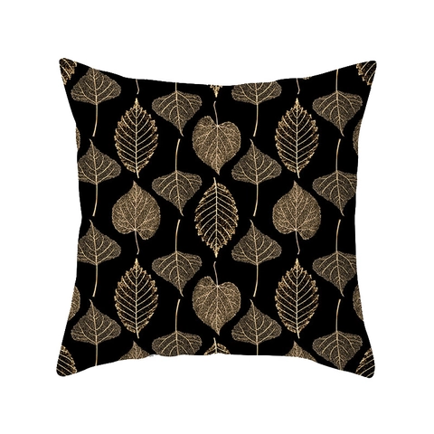 Funda de Almohada Moderna Negro Oro Patrón Geométrico Hoja Poliéster Piel de Melocotón Decorativa Para Sofá Hogar Decoración