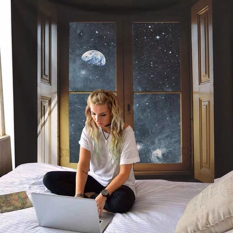 Space Starry Sky Tapestry Aesthetic Galaxy Sea View Fake Window Wall Hanging For Bedroom Living Room Universe Earth Decorative Fabric Poster