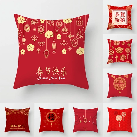 Chinesisches Neujahr Kissenbezug Rot Festlich Polyester Wurfkissenbezug Traditionelle Laterne Glücksknoten Dekor Für Sofa Heim