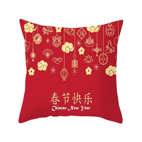 Chinesisches Neujahr Kissenbezug Rot Festlich Polyester Wurfkissenbezug Traditionelle Laterne Glücksknoten Dekor Für Sofa Heim