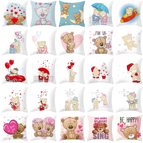 Taie d'Oreiller Carrée Imprimée Ours en Peluche Cœur Housse de Coussin Polyester pour Canapé Chambre Saint Valentin