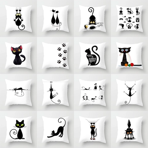Cartoon Zwarte Kat Print Kussensloop Decoratieve Vierkante Sierkussenhoes Voor Bank Woondecoratie Polyester Perzikhuid Zonder Vulling