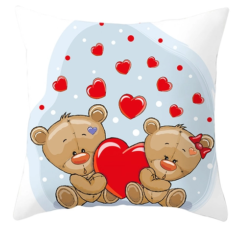 Taie d'Oreiller Carrée Imprimée Ours en Peluche Cœur Housse de Coussin Polyester pour Canapé Chambre Saint Valentin