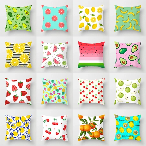 Summer Fruit Peach Skin Cushion Cover Lemon Strawberry Watermelon Pattern Square Throw Pillowcase For Home Sofa Decor