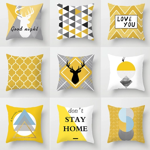 Nordic Minimalist Yellow Geometric Elk Throw Pillowcase Polyester Decorative Square Cushion Cover For Sofa Living Room Decor